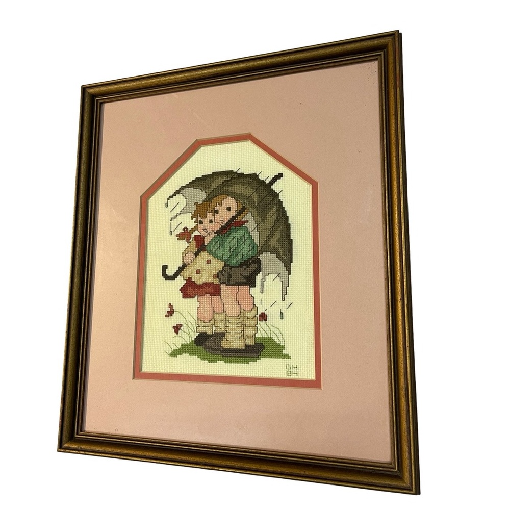 Vintage Hummel Needlepoint Crossstitch Girl Boy Umbrella Siblings Stormy